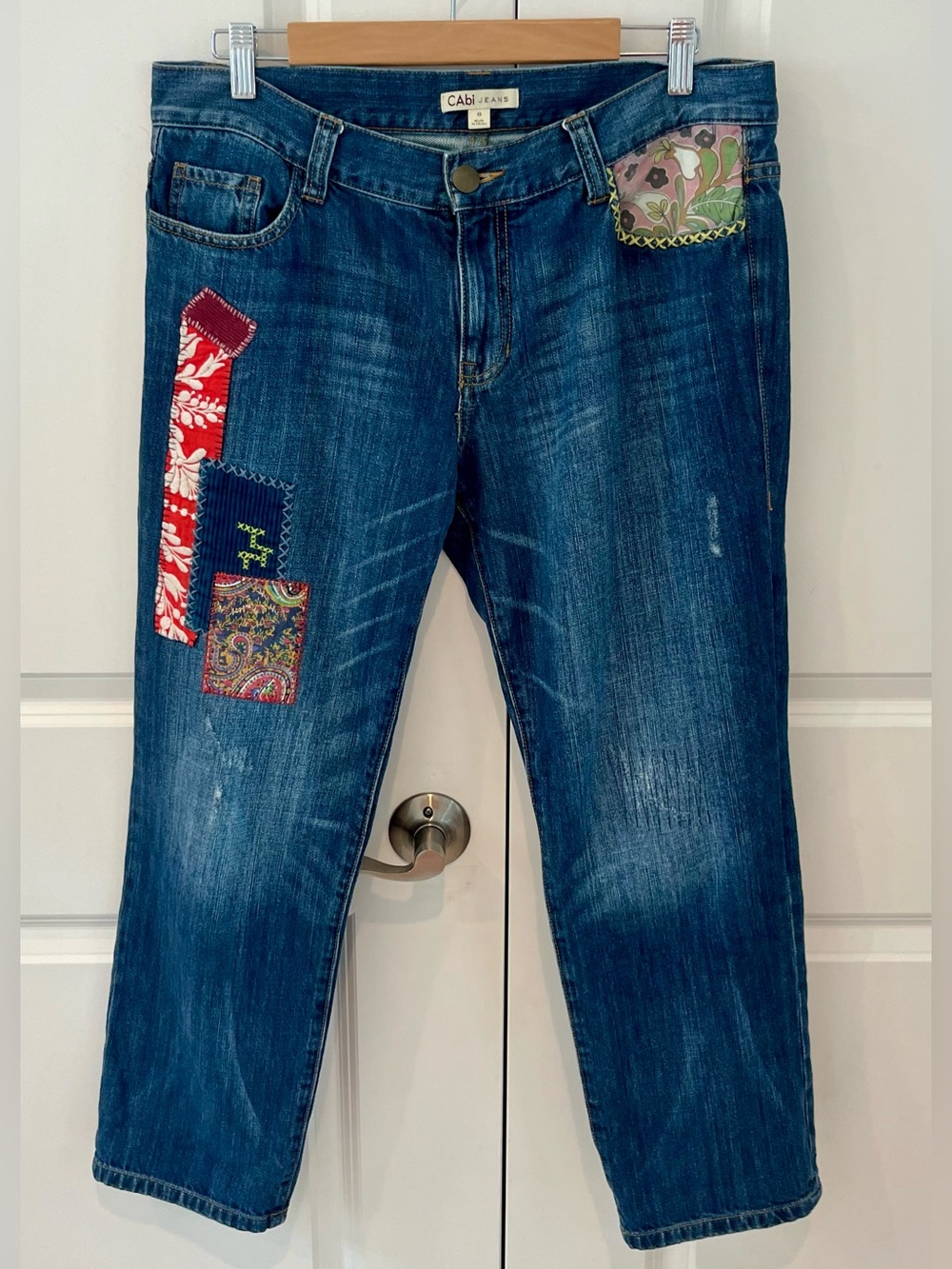 CAbi women’s size 8 medium wash straight leg boyfriend Patchwork jeans style 887